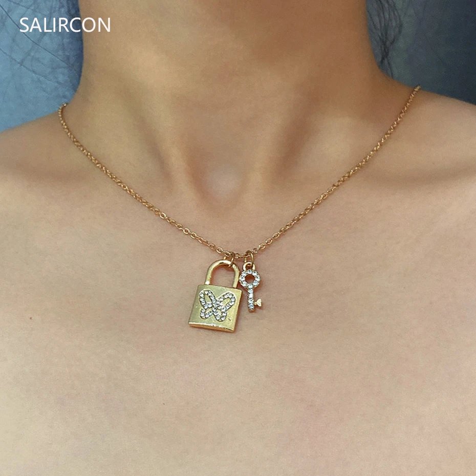 

Salircon Punk Key Lock Pendant Necklace Fashion Bling Rhinestone Butterfly Choker Necklace For Women Long Chain Party Jewelry