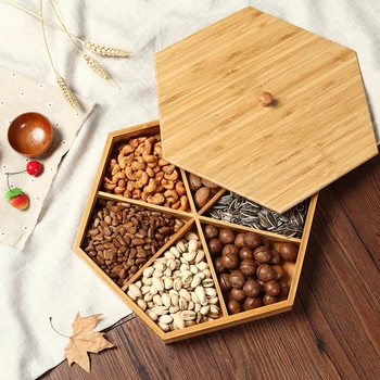 

Natural bamboo dried fruit platter creative partition with cover living room simple candy tray snack melon seeds tray plate