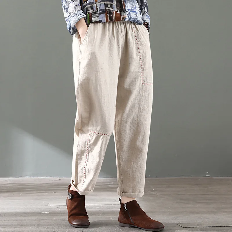 

2020 Spring Loose Ankle-length Trousers Cotton Linen Harem Pants FemaleAll Match Free Size Elastic Waist Solid Color Z2