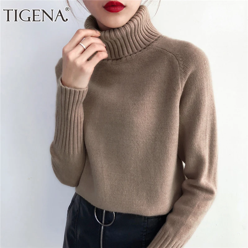TIGENA 2020 Autumn Winter Thick Warm Pullover Sweater Women Long Sleeve Knitted Female Khaki Green Jumper Knitwear | Женская одежда