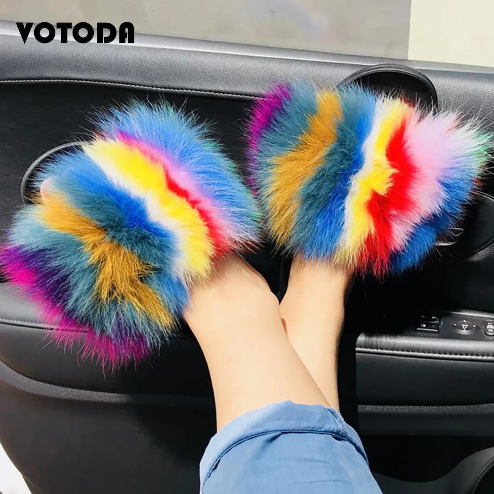 28 Colors Real Fur Slippers Women Fox Fluffy Sliders Comfort with Feathers Furry Summer Flats Sweet Ladies Shoes Plus Size 36-45,19,8.5
