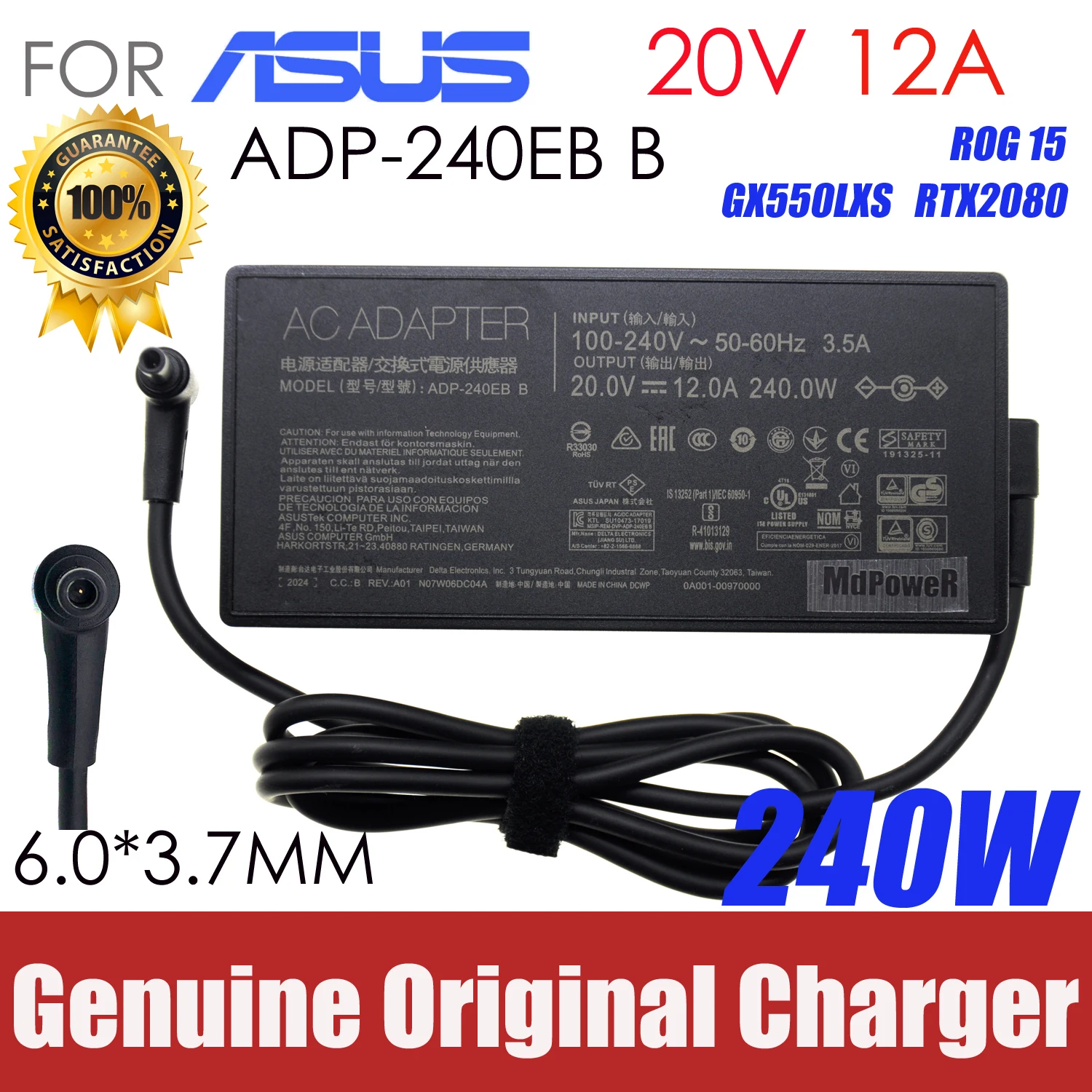 Genuine ADP-240EB B 20V 12A 240W AC Adapter Laptop Charger For ASUS ROG 15 GX550LXS RTX2080 Power Supply 6.0 x 3.5mm