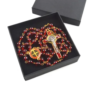 

Catholicism Red Glass Beads Necklace with Gift Box St Benedict Centerpiece Cross Rosary