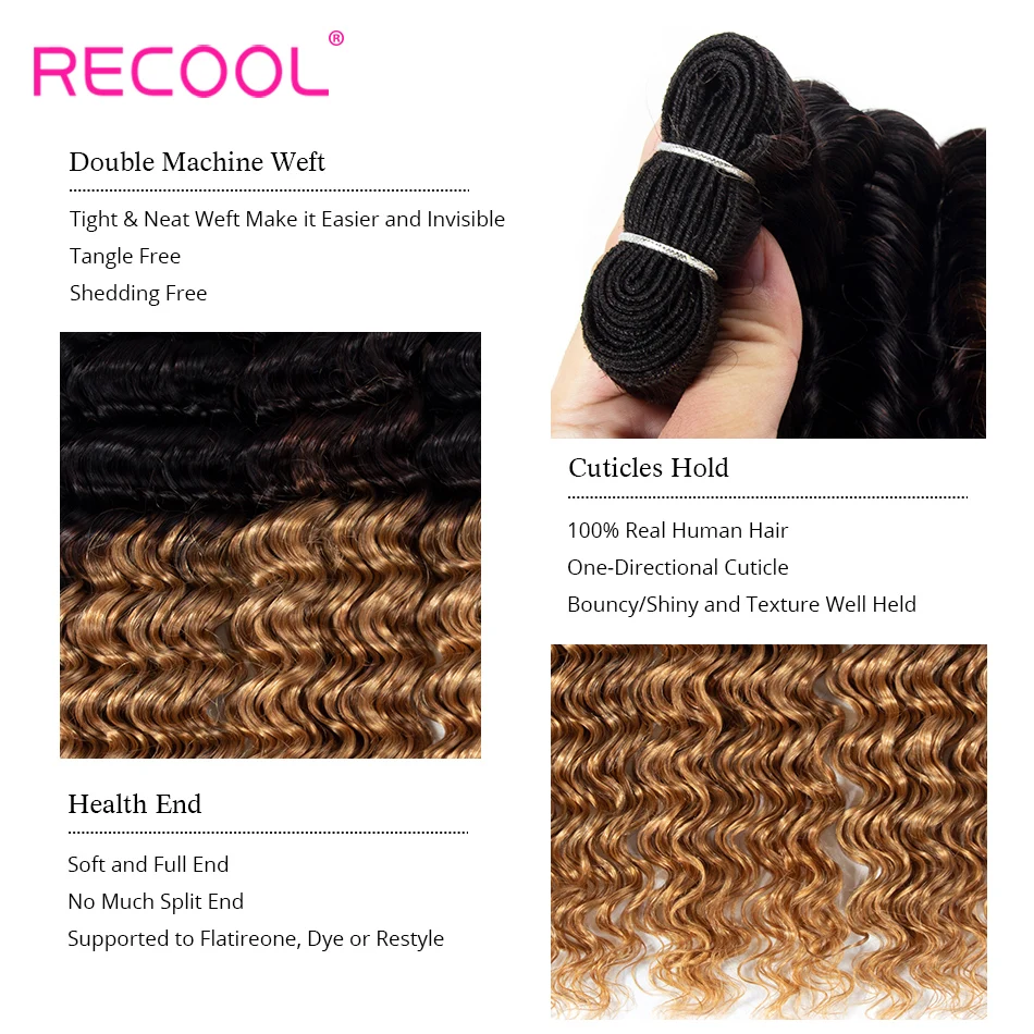 Recool Ombre Human Hair Bundles With Closure 4*4 Remy 1B 27 Color Brazilian Deep Human Hair Weave Bundles 4PCS