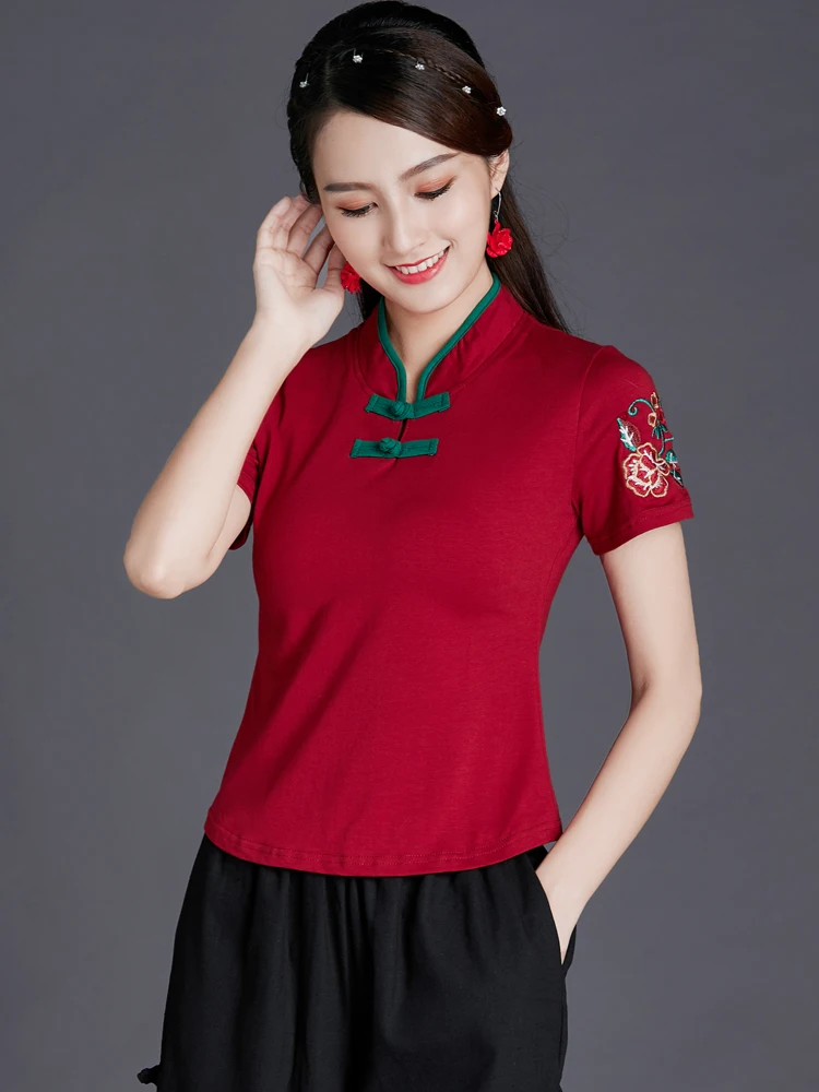KYQIAO blusas mujer de moda традиционная китайская рубашка женская винтажная Этническая воротник-стойка красная черная блузка с вышивкой