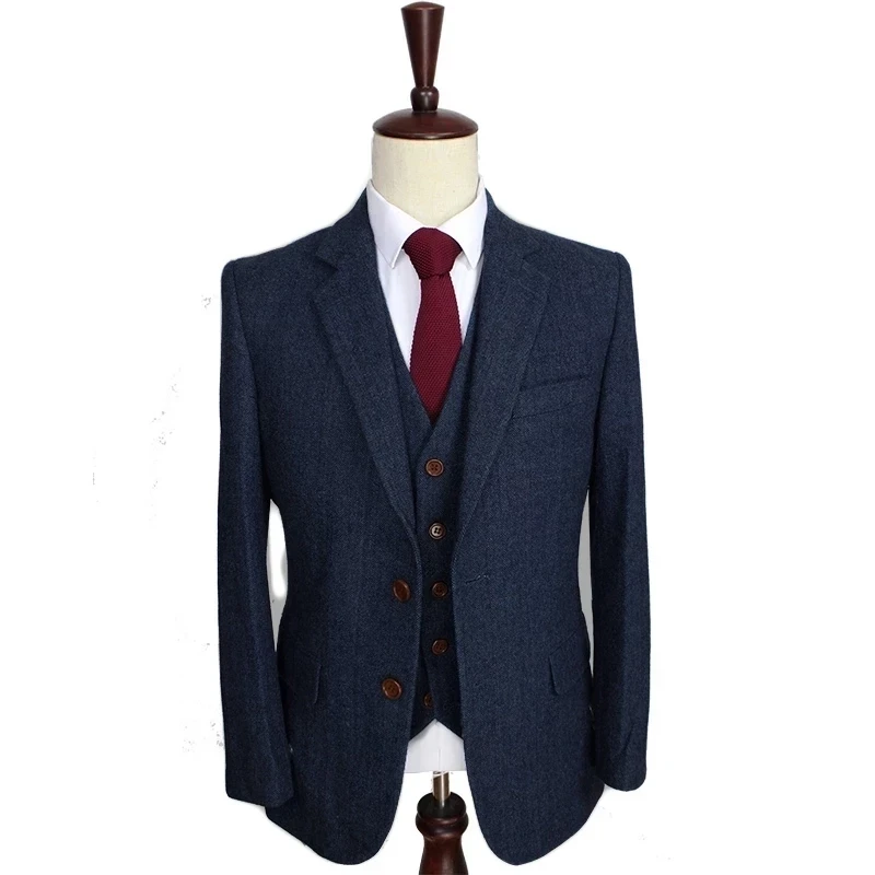 Men&lsquo;s Suits 3 Pieces Green Wool Tweed Herringbone Business Retro Classic PatternTuxedos For Wedding Blazer Pants Vest