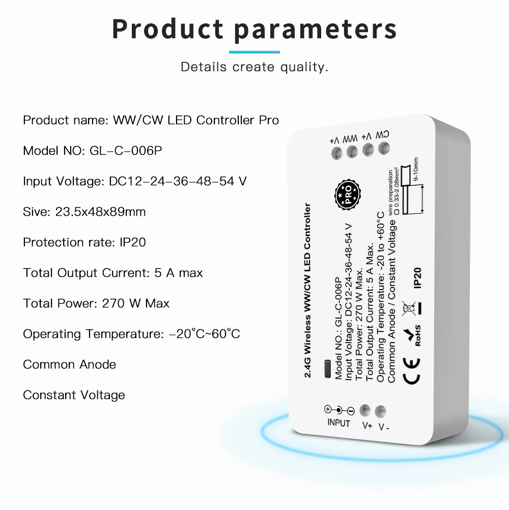 Zigbee 3.0 Smart Pro WWCW Controller Warm White Cold White Light Work with RF Remote, for LED Strip