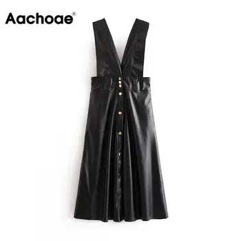 

Aachoae Women Winter Black Faux Leather Dress Vintage Tank Pleated Strapless Party Dress Ladies Streetwear Midi Dress Vestidos