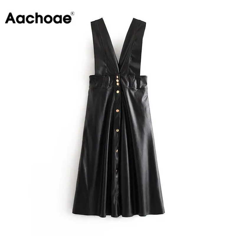 Aachoae Women Winter Black Faux Leather Dress Vintage Tank Pleated Strapless Party Dress Ladies Streetwear Midi Dress Vestidos Aachoae Women Winter Black Faux Leather Dress Vintage Tank Pleated Strapless Party Dress Ladies Streetwear Midi Dress Vestidos
