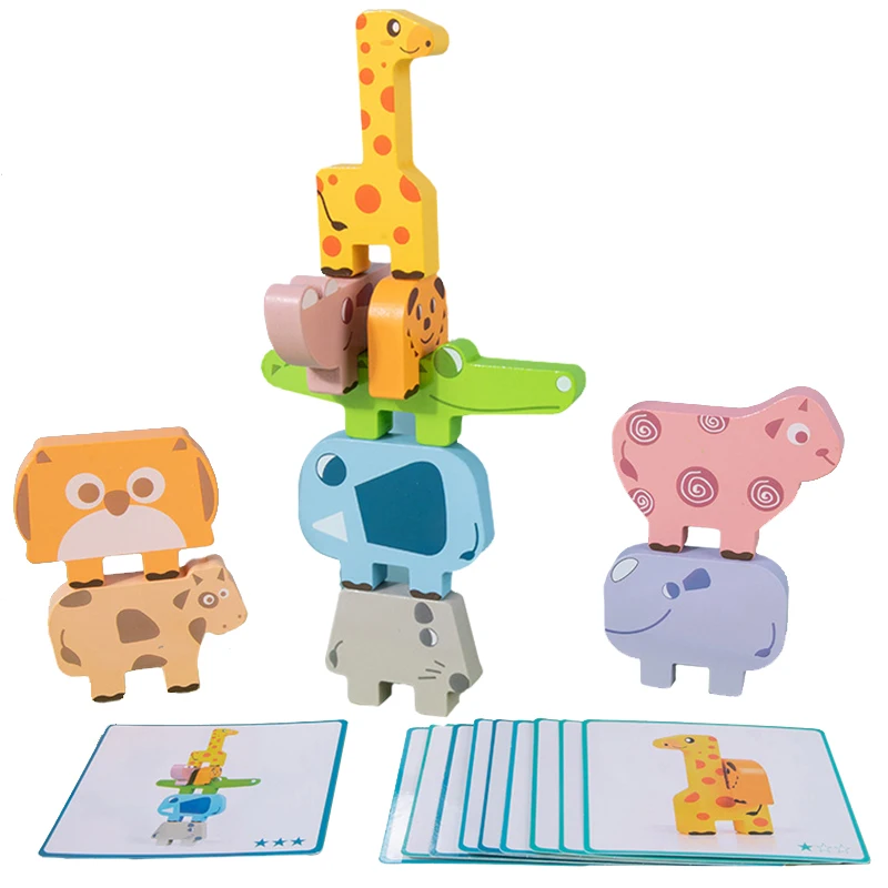 Wooden Animal Stacking Blocks Toy Shape Matching Puzzles Game Balance