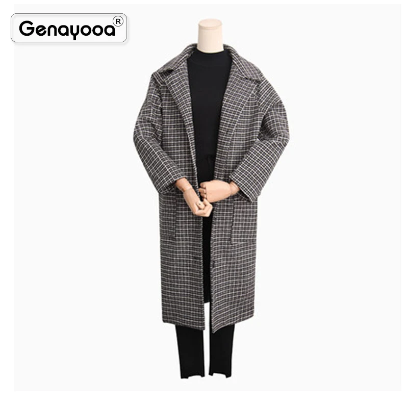 Genayooa винтажное зимнее шерстяное пальто с гусиной лапой женское клетчатое