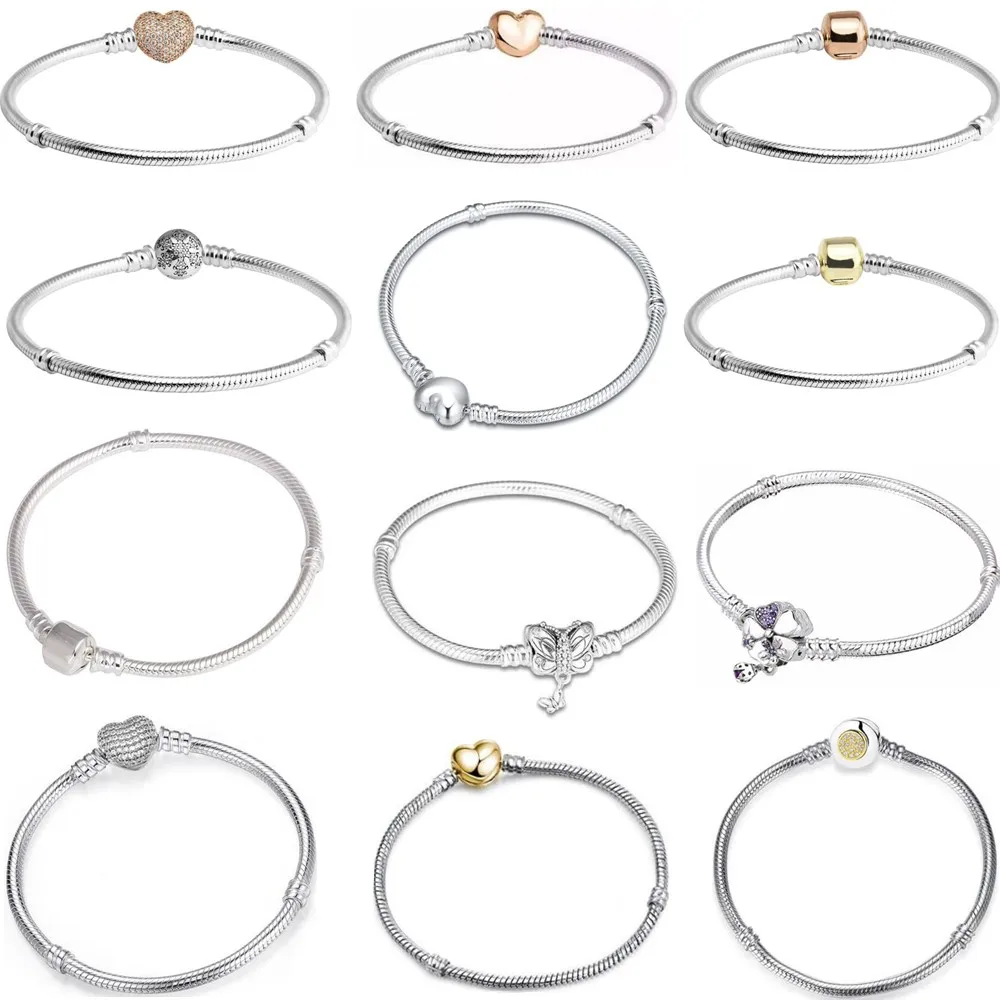 

Moments Butterfly Clasp Snake Chain Bracelet For Women Original 925 Sterling Silver Heart Buckle Bracelet DIY Jewelry Making