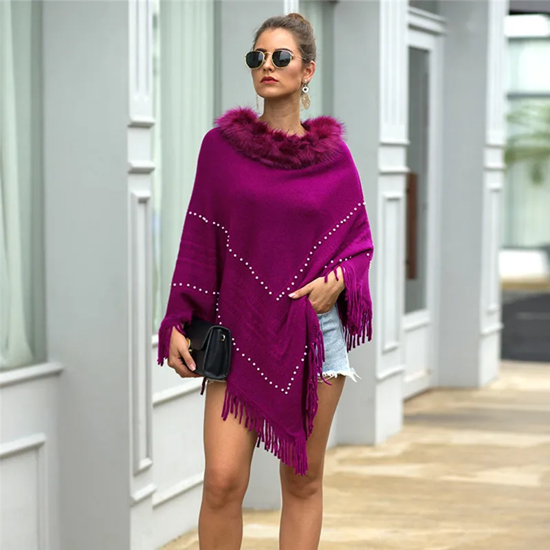 

2019 Warm Cashmere Pullover Patchwork Fox Fur Tassel Cape Women Winter Knitted Loose Cloak Boho Poncho Capes Shawl Sweater Coat