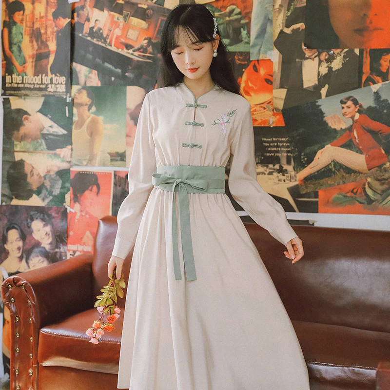 Hanfu/винтажное платье в китайском стиле; сезон весна-осень; женские длинные платья с длинными рукавами и цветочной вышивкой из хлопка абрикосового цвета