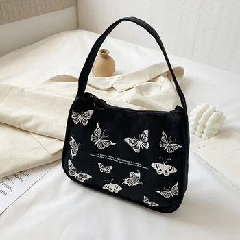 

Ladies' Fashion Small Handbag Butterfly Print Canvas Tote Ladies' Fashion Underarm Bag Zipper Half Moon Bags Cotton Cloth Purse