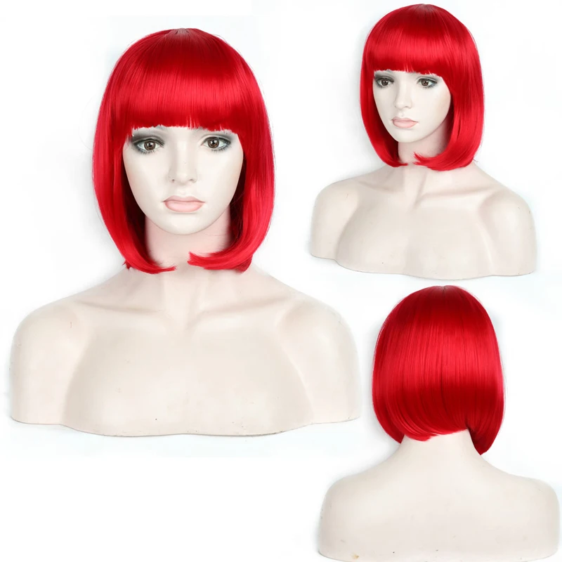 Pervado волосы короткие прямые боб парики для женщин синтетические парики с бахромой челка Белый Серый Синий Косплей парики 20 цветов - Цвет: Bright red
