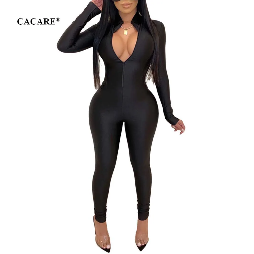 

Cool Black Bodycon Jumpsuit Women Romper Bodysuit Playsuit Brief Style Bodies Ladies 2 Choices F0315 Deep V Neck Long Sleeve