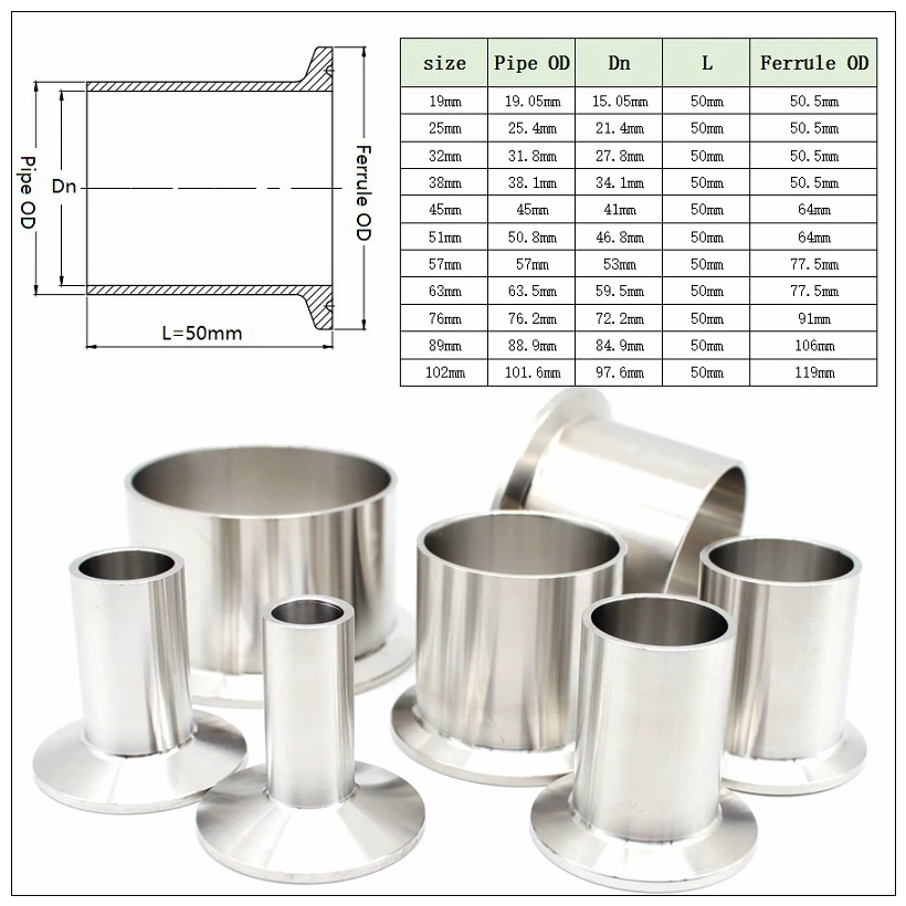 SP  Ferrule OD 19mm 25mm 32mm 38mm 51mm 63mm 76mm 102mm Sanitary SS304 /316L ， quick-connect chuck end clamp joint，Height 50mm
