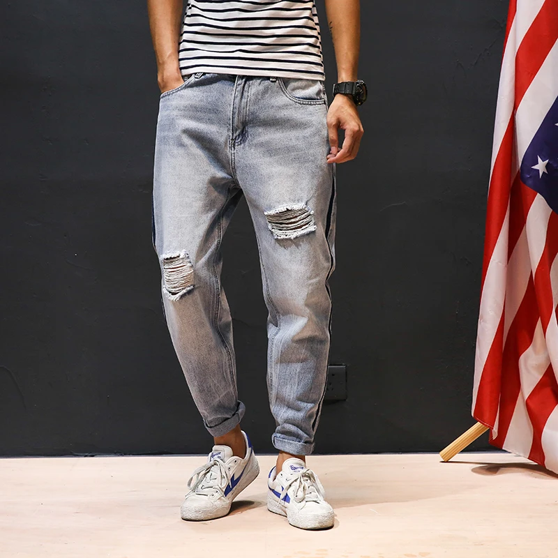 

Autumn New Hole Jeans Men Fashion Wash Casual Denim Pants Man Streetwear Wild Hip Hop Loose Harem Jeans Pants Male Clothes