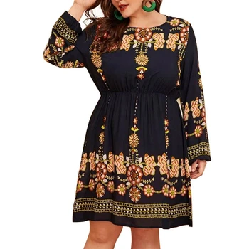 

Plus Size Women Floral Print O Neck Long Sleeve Tops Blouse Summer Boho T Shirt Hawiian Evening Party Beach Casual Sundress