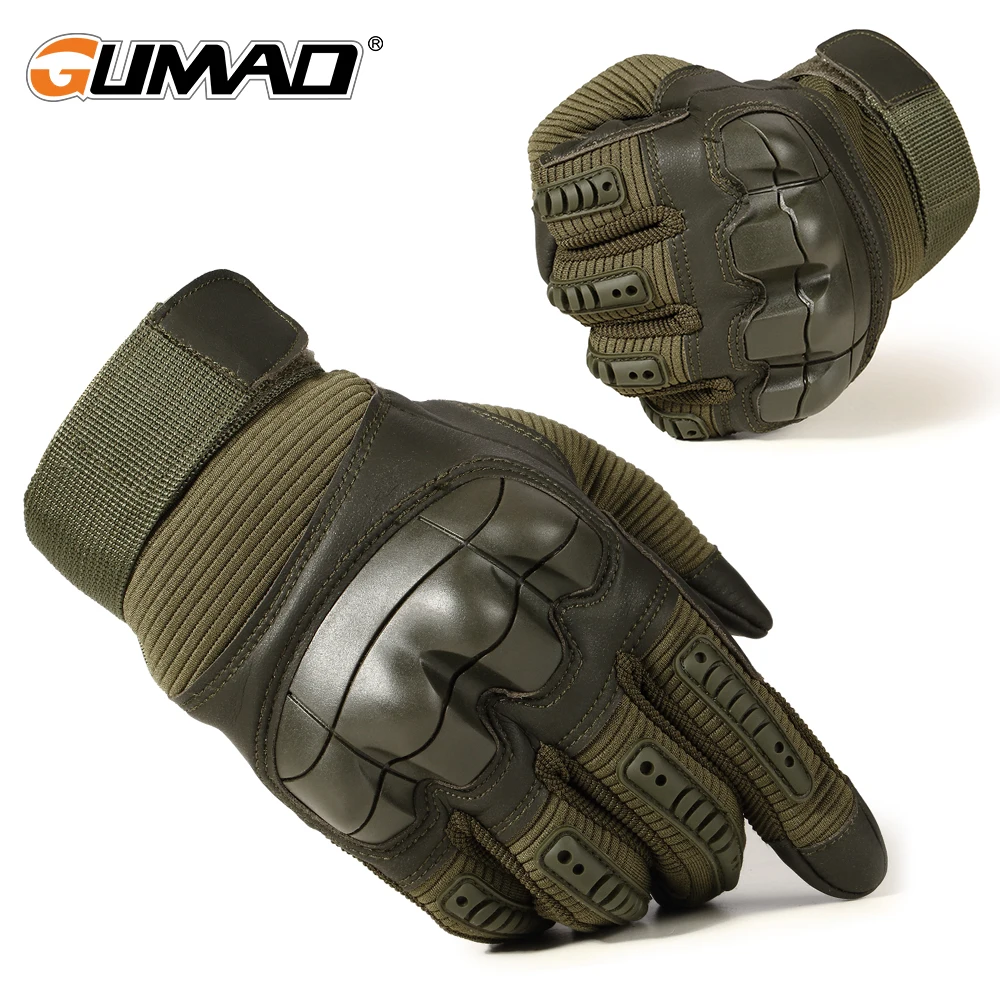 PU Leather Gloves Tactical Full Finger Glove Rubber Shell Touch Screen Hunting Hiking Cycling Riding Protective Gear Mittens Men