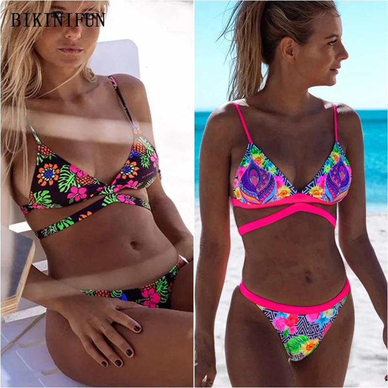 

2020 New Sexy Floral Print Swimsuit Triangle Bralette Swimwear Cross Back Beachwear S-L Girl Low Waist Bathing Suit Bikini Set