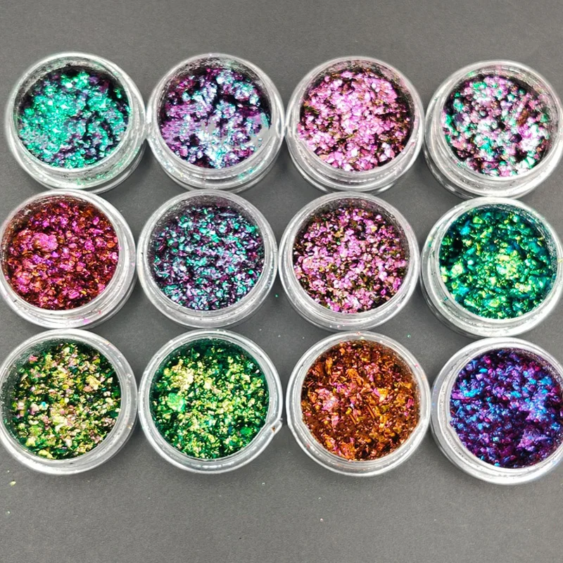 

Mirror Flakes Chameleon flakes Nail Art color powder changing Glitter Sets Decoration supplies Thin Chrome Foil Unicorn 12Box