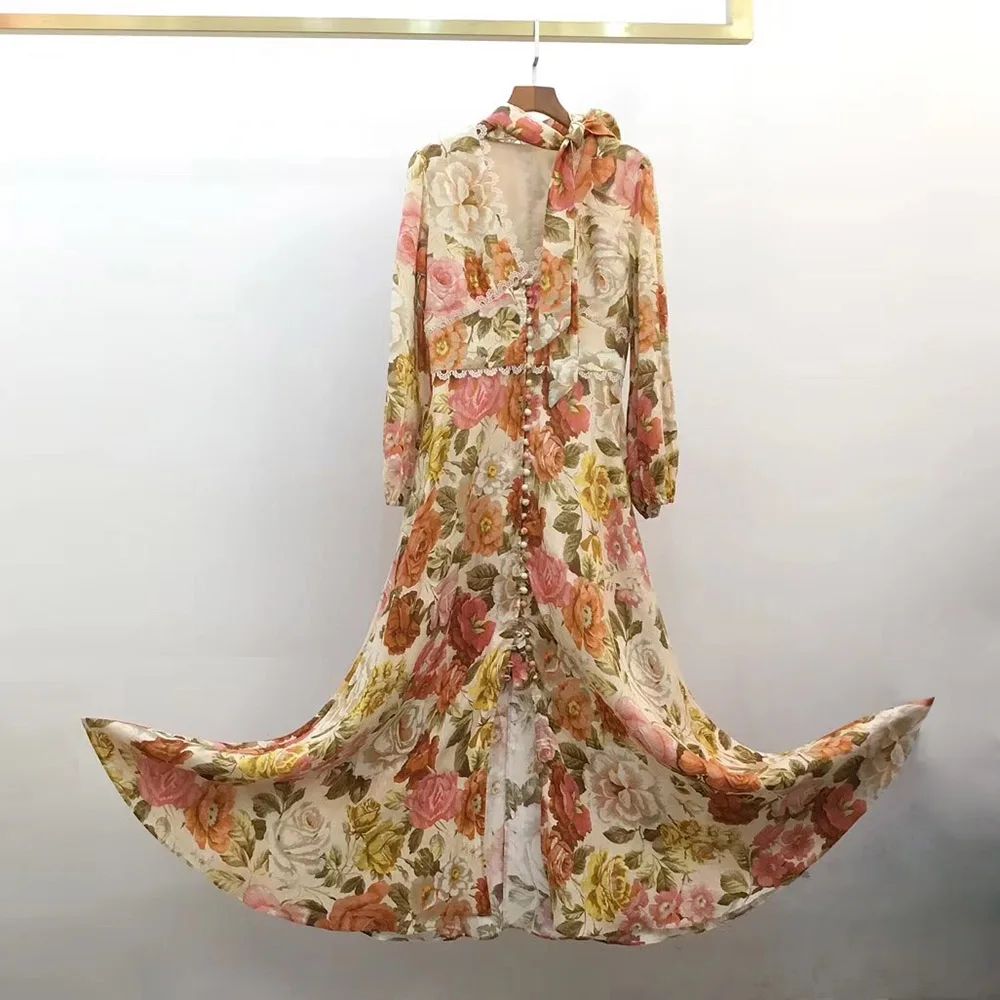 

Australia Fashion Linen Dresses 2020 Spring New Arrival Flowers Print Lantern Sleeve Elegant Long Dress Vestidos