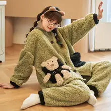 Winter Flannel Sleepwear Women Cute Cartoon Bear Pajamas Hooded Long Sleeve 2-piece Set Nighty Plush Set Loose Pyjamas