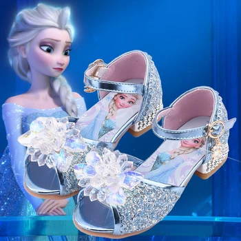 

Disney Frozen Elsa Princess Kids Leather Shoes For Girl Summer Flower Fish Mouth Crystal Sandals Children High Heel Girls Shoes
