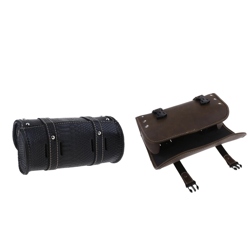 2pcs Motorcycle Tool Bag Saddlebags PU Leather Storage Tool Pouch Roll Organizer for Sissy Bars (Black+Brown)