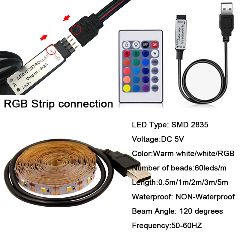 USB светодиодный ленточный светильник 5 в RGB полоса 0,5 м 1 м 2 м 3 м 5 м гибкая подсветка ТВ фоновый Декор неоновый светильник теплый белый