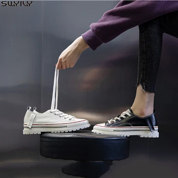

SWYIVY Chaussures Leather Sneakers For Women Casual Lace Up Female Shoes Fashion 2020 Spring Pigskin Women Casual Shoes Solid 34