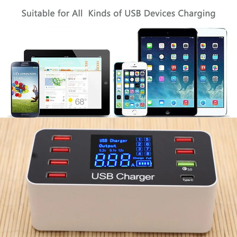 8 портов USB зарядное устройство концентратор Quick Charge 3,0 type C usb зарядная станция настольная 40 Вт Зарядное устройство Быстрая Led дисплей универсальные различные устройства