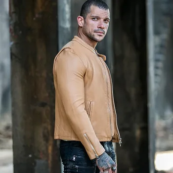 

Motocyle Style Genuine Sheep Leather Mens Jackets Stand Collar Male Sheepskin Coat Black Pockets Zippers Slim Fit Solid Overcoat