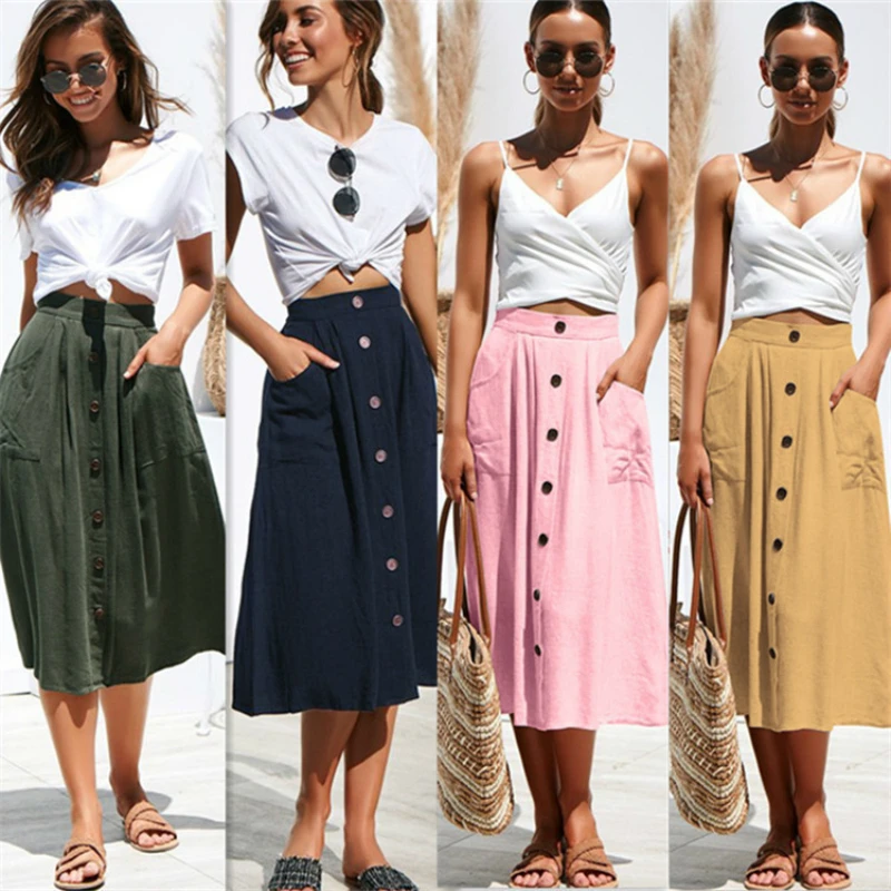 Women Skirts Fashion High Waist Skirt Women Summer Autumn Midi Skirts Womens Elastic Waist A Line Ladies Skirts With pocket