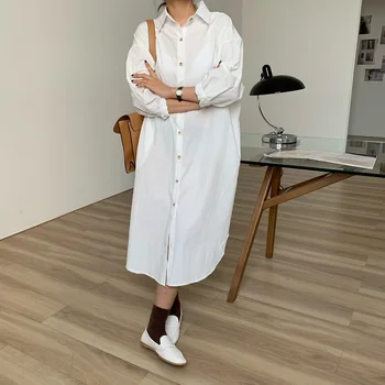 

Make simple pure color languid is lazy wind easing show thin lapels single-breasted long sleeve shirt style dress
