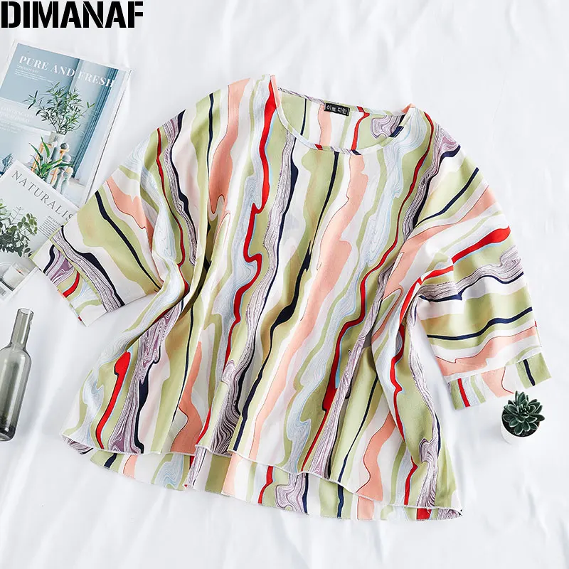

DIMANAF Summer Plus Size Women Blouse Shirts Loose Casual Lady Tops Tunic Tee Shirt Beach Style Oversize Clothing Print Striped