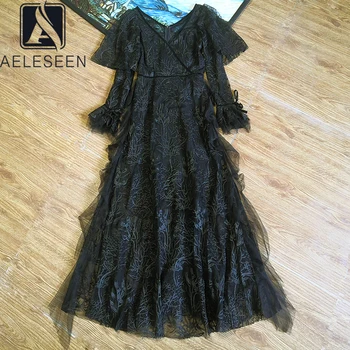 

AELESEEN High Quality Black Plus Size Dress Flare Sleeve V-Neck Blackless Luxury Flower Embroidery Mesh Long Party Holiday Dress