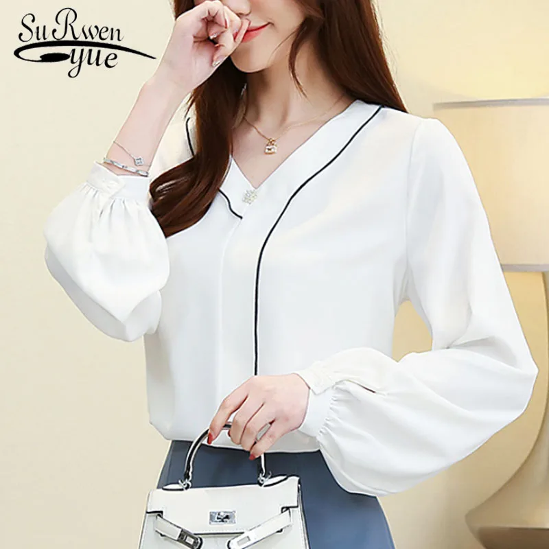 

Women Tops and Blouses 2019 Autumn Fashion Women Green Chiffon Blouses Long Sleeve V-neck Women Tops Casual White Shirts 6330 50