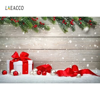 

Laeacco Christmas Backdrops Wooden Board Pines Balls Gifts Snow Ribbons Photography Backgrounds Baby Newborn Portrait Photophone