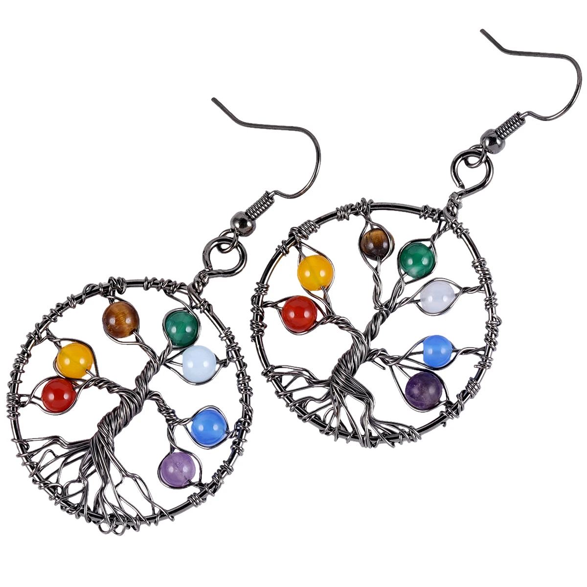 

Handmade 7 Chakra Stone Bead Dangle Earring Healing Reiki Tree Of Life Drop Earring Women Jewelry Sweet Girls Gift