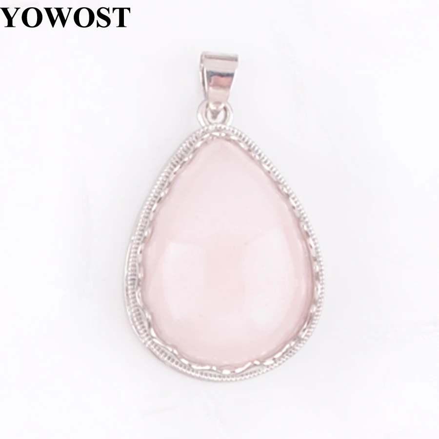 

Natural Stone Rose Pink Quartz Necklace & Pendant Silver color Water Drop Shape Dangle Pendant for Women Jewelry Chain 18" N3714
