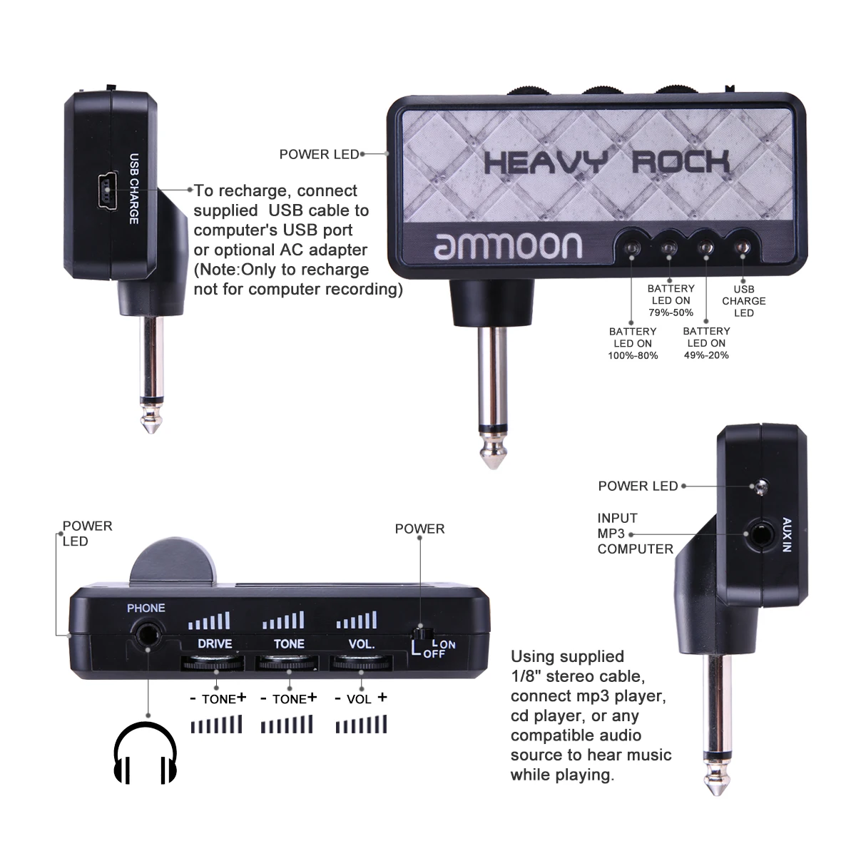 ammoon Portable Electric Guitar Amplifier Amp Mini Headphone Amp Built in Distortion Effect Top Quality Guitar Accessories Parts