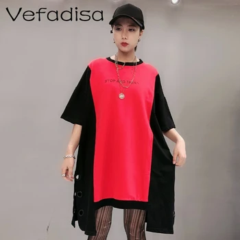 

Vefadisa Summer 2020 Newest Dress Girl Short Sleeve Irregular Dress Splice Hit color Dress Hole Letter Loose Dress LHX023