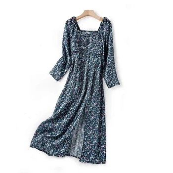

Square Collar Floral Women Midi Dress 2020 New Summer Slim Waist Split Pleated Dresses For Holiday