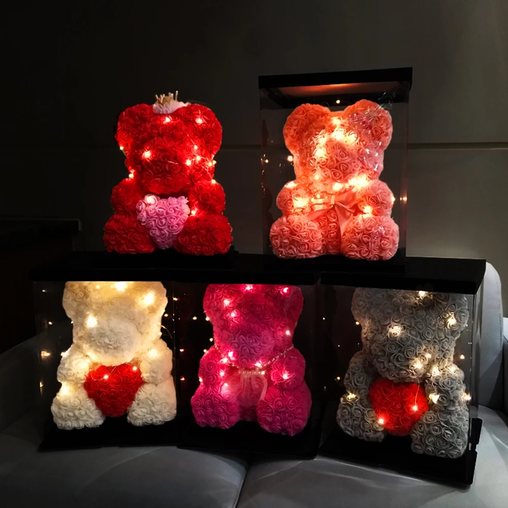 

Valentines Day Gift 25cm Red Rose Teddy Bear Foam Rose Flower Artificial Decoration With 3m Led Lamps Gift Box Valentines Gift
