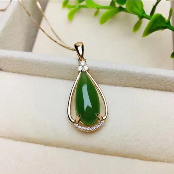 

Beautiful 925 Silver Green HeTian Jade Water Drop Lucky Pendant + Chain Necklace For Women Fine Jewelry