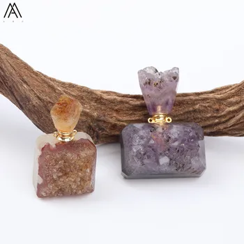 

Rectangle Natural Amethysts Quartz Essential Oil Perfume Bottle Pendant With Gold Copper Chains Necklace For Women EF-DG-63AMGE