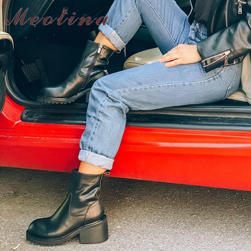 

Meotina Ankle Boots Women Genuine Leather Platform High Heel Ankle Boots Zip Thick Heels Short Boots Female Shoes Autumn Winter